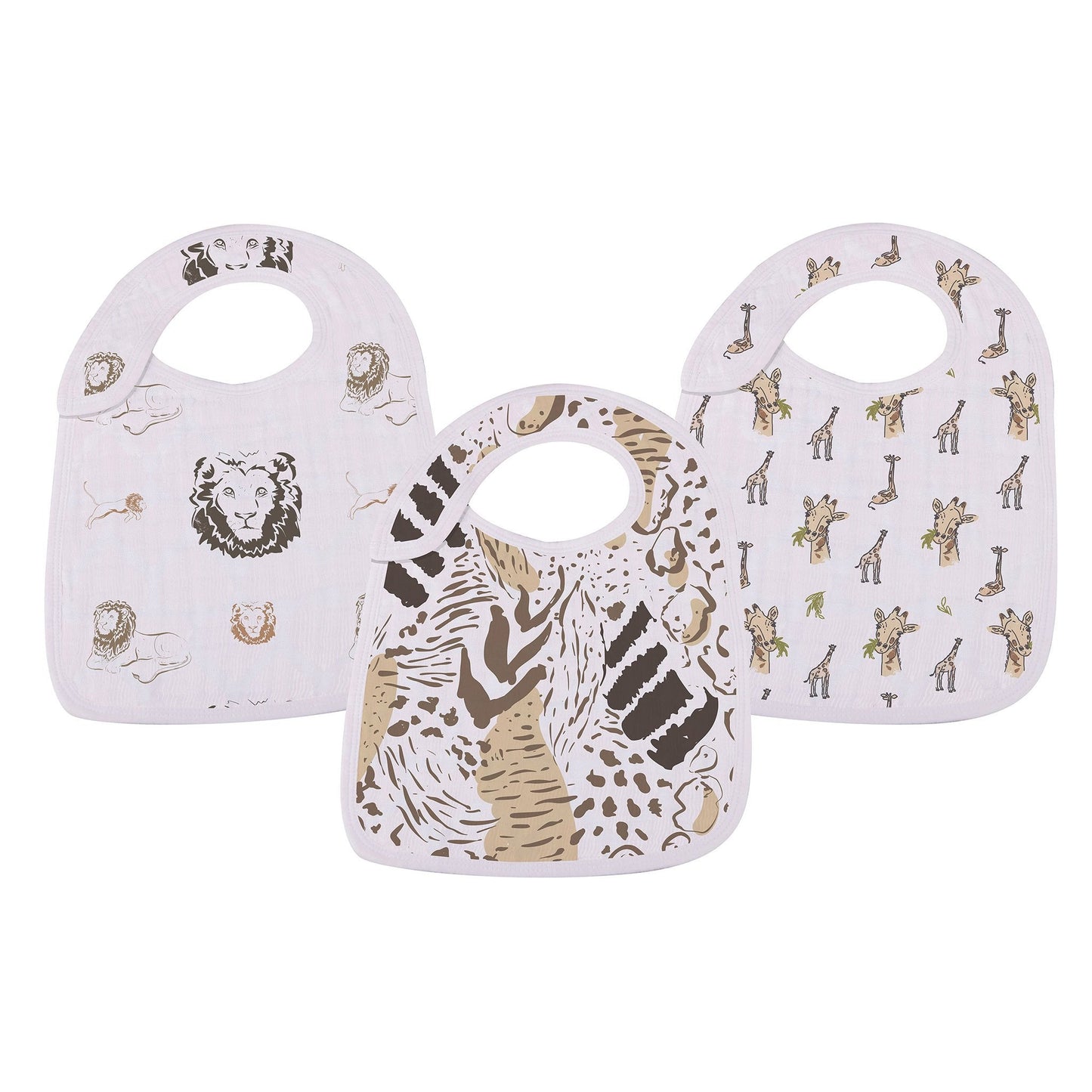 Newcastle Classics On The Savannah 3-pack snap bib set featuring lion, giraffe, and animal print designs.