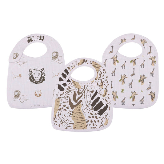 Newcastle Classics On The Savannah 3-pack snap bib set featuring lion, giraffe, and animal print designs.