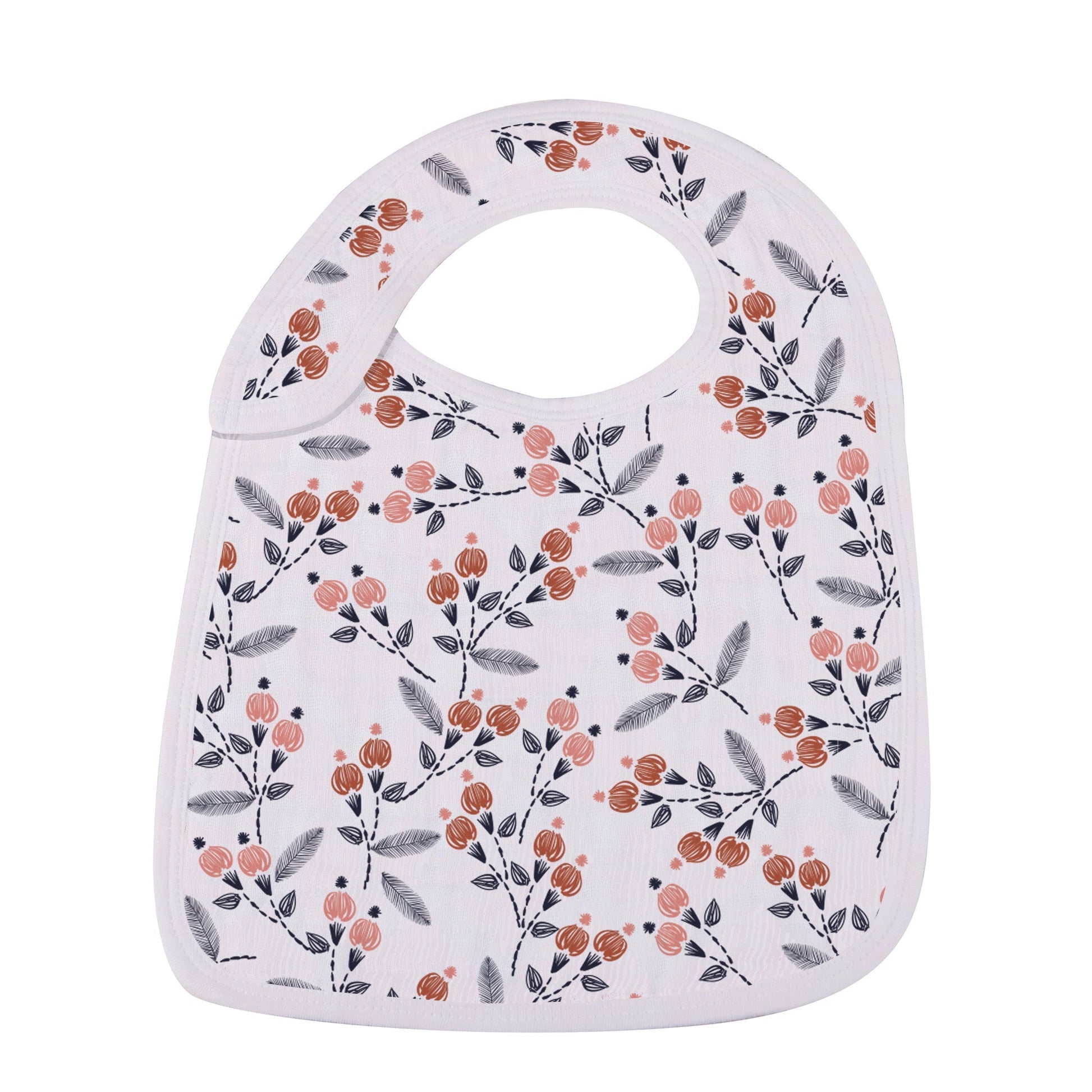 Close-up of the white bamboo muslin snap bib featuring an all-over branching botanical berry and leaf print.