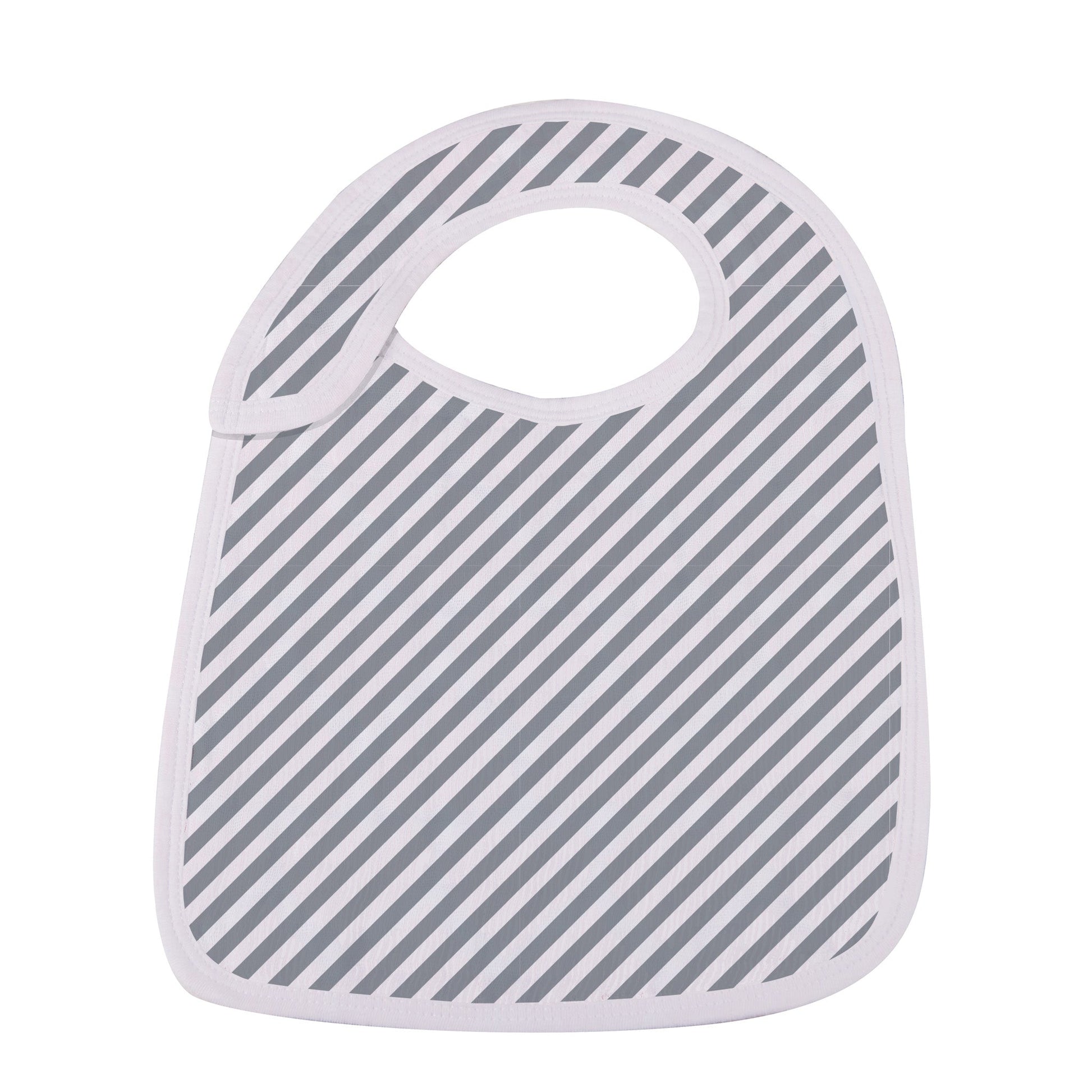 Close-up of the classic grey and white diagonal pinstripe cotton muslin snap bib.