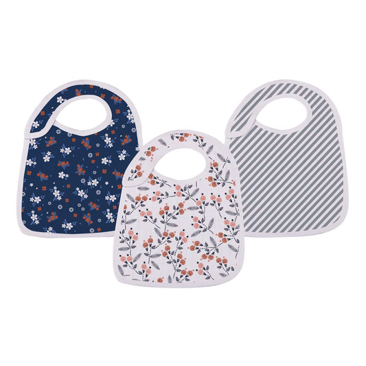 Newcastle Classics Blooms 3-pack bamboo muslin snap bib set featuring navy floral, white botanical, and grey striped designs.
