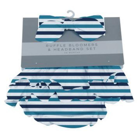 Newcastle Classics Ultimate Road Trip blue and white stripe ruffle bloomers and matching bow headband set on retail card packaging.
