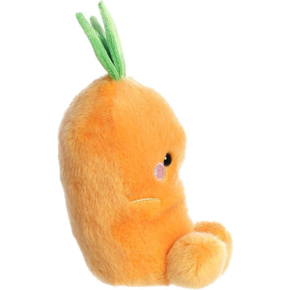 Side profile thumbnail of the mini carrot plush showcasing its tapered body shape, soft seated posture, and upright green leaves.