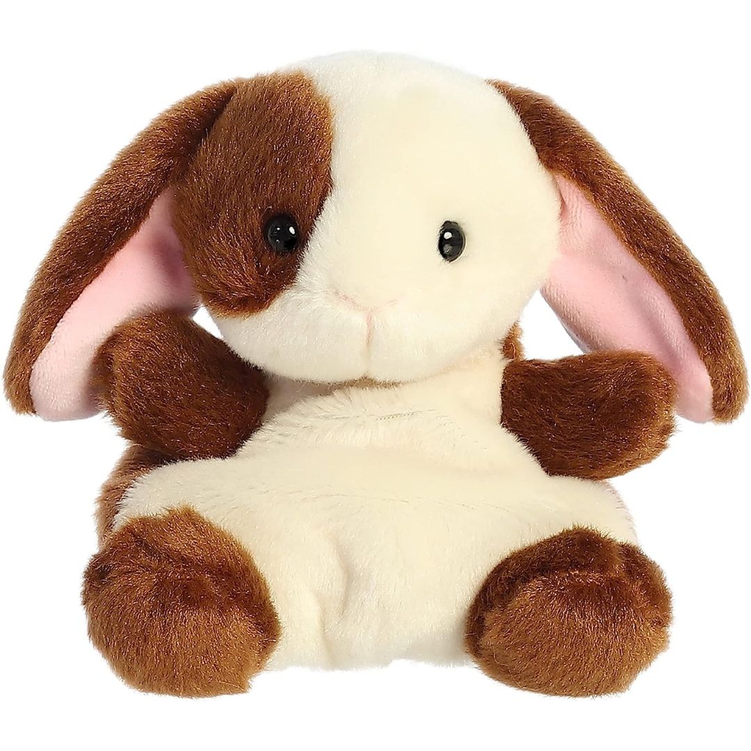 Front view of the Aurora Palm Pals 5-inch Clover Bunny plush sitting upright, showing its brown and cream fur and floppy ears with pink insides.