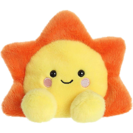 Front view thumbnail of the cute Rae Sun plush sitting straight, highlighting its dark safety eyes, rosy pink cheeks, and small yellow feet.
