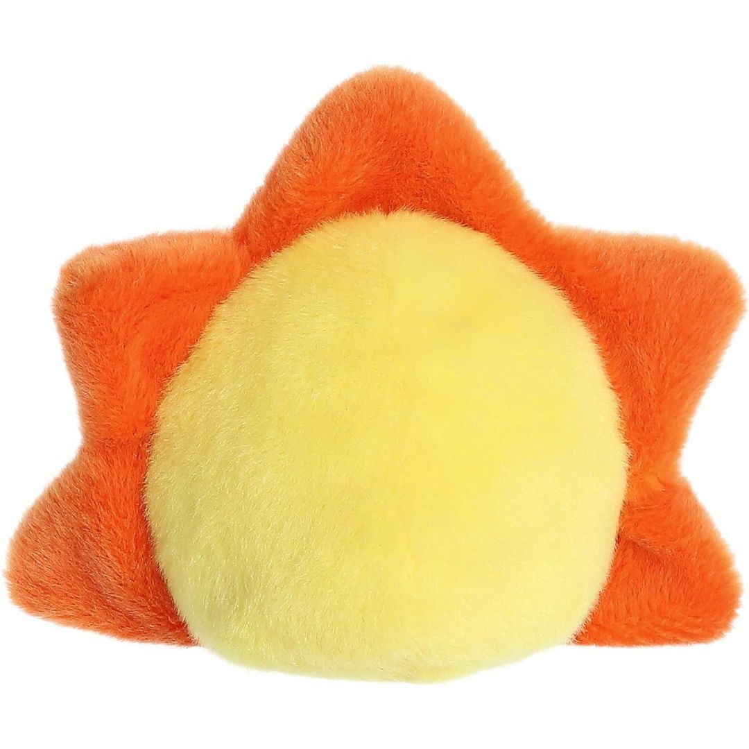 Rear view thumbnail of the Aurora sun stuffed toy displaying its smooth, solid yellow backing framed by the orange starburst rays.