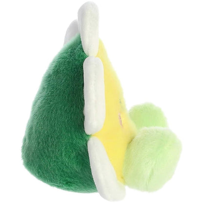 Side view of the daisy plush showing the green back and the layered design of the white petals.
