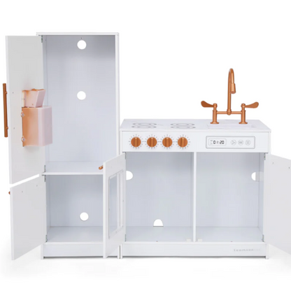 Little Chef Milano Two-Piece Modular Modern Delight Play Kitchen with Cooking Accessories, Faux Marble Finish, & Rose Gold Hardware, White