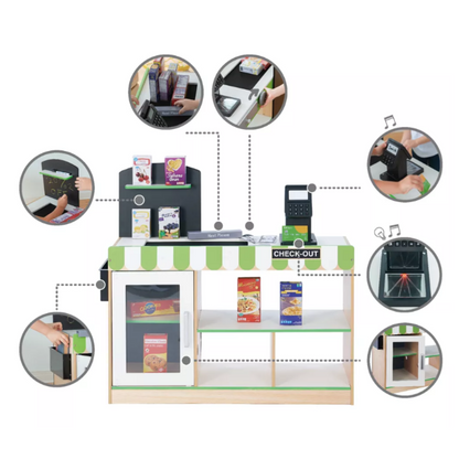 Teamson Kids Cashier Austin Play Market Checkout Counter with 26 Accessories, Green/Natural
