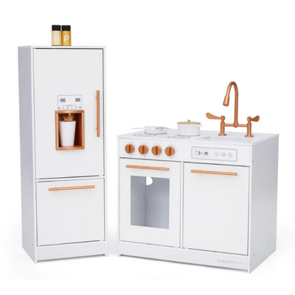 Little Chef Milano Two-Piece Modular Modern Delight Play Kitchen with Cooking Accessories, Faux Marble Finish, & Rose Gold Hardware, White