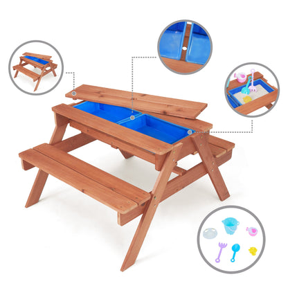 Teamson Kids Outdoor Wooden Picnic Table with 2 Sensory Bins for Sand/Water Play Plus Accessories, Warm Cherry