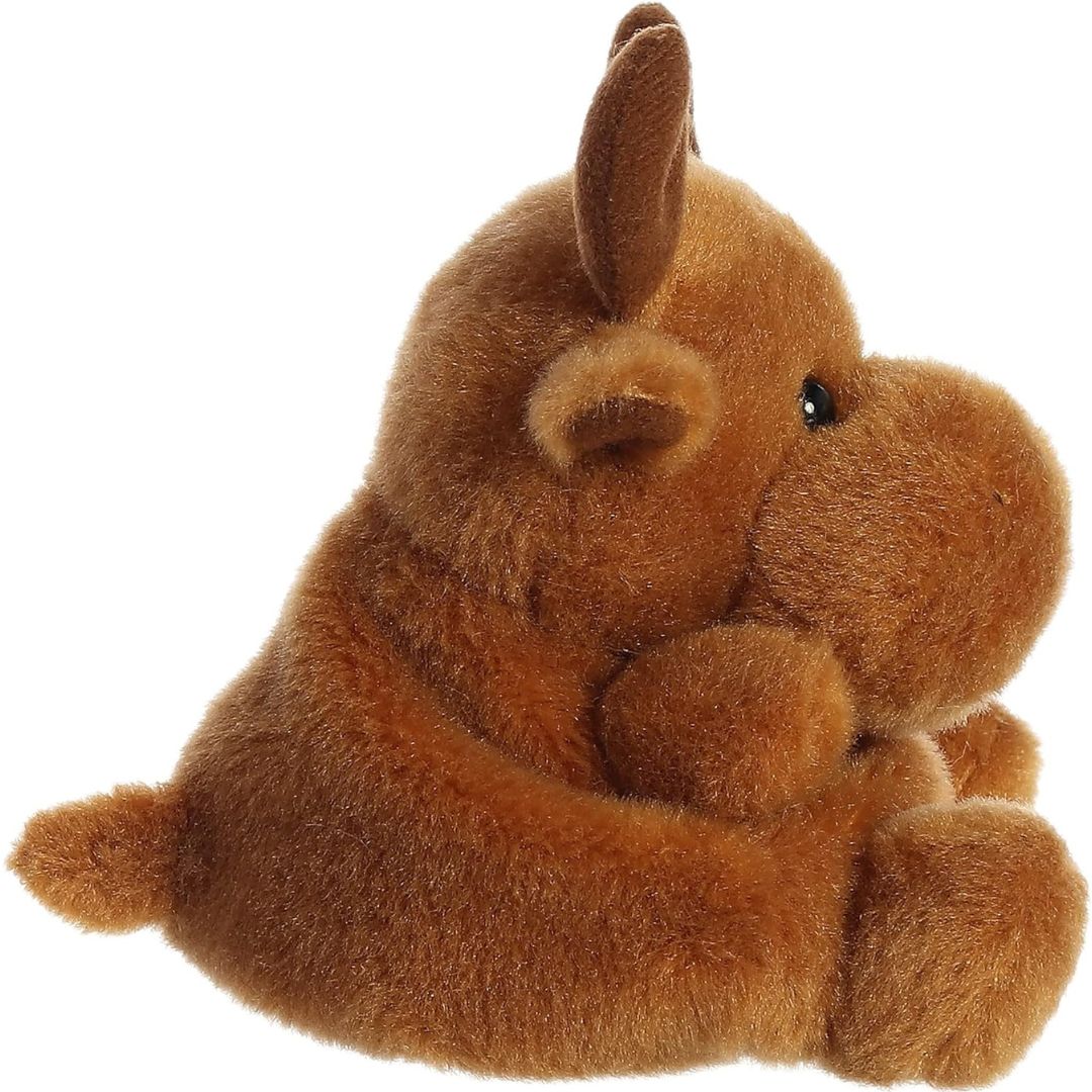 Side profile view thumbnail of the mini moose plush showcasing its bulbous snout profile, rounded back, and soft seated posture.