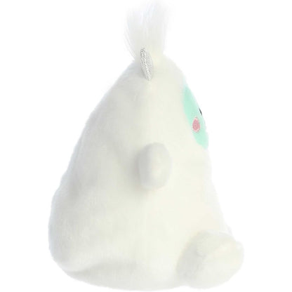 Side profile view thumbnail of the mini yeti plush showcasing its rounded white back profile, outspread arm, and upright silver horn.