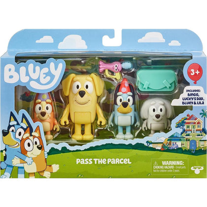 Bluey Figure 4-Pack, Pass The Parcel 2.5-3 inch, Bingo, Lucky's Dad and Lila with Accessories