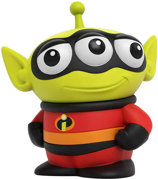 Angled right view of the Alien Remix Mr. Incredible figure showing its pointy green ears, antenna, and red, black, and orange superhero suit.