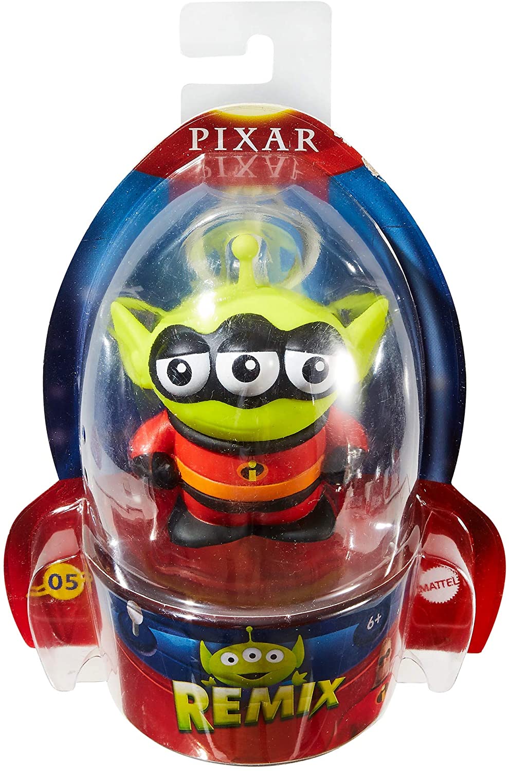 Packaged view of the Alien Remix Mr. Incredible figure inside its official clear rocket-shaped display box.