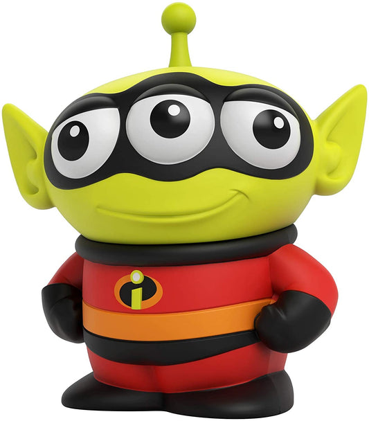 Front view of the Disney Pixar Alien Remix Mr. Incredible 3-inch figure featuring a Toy Story Alien wearing a red super suit and black mask.