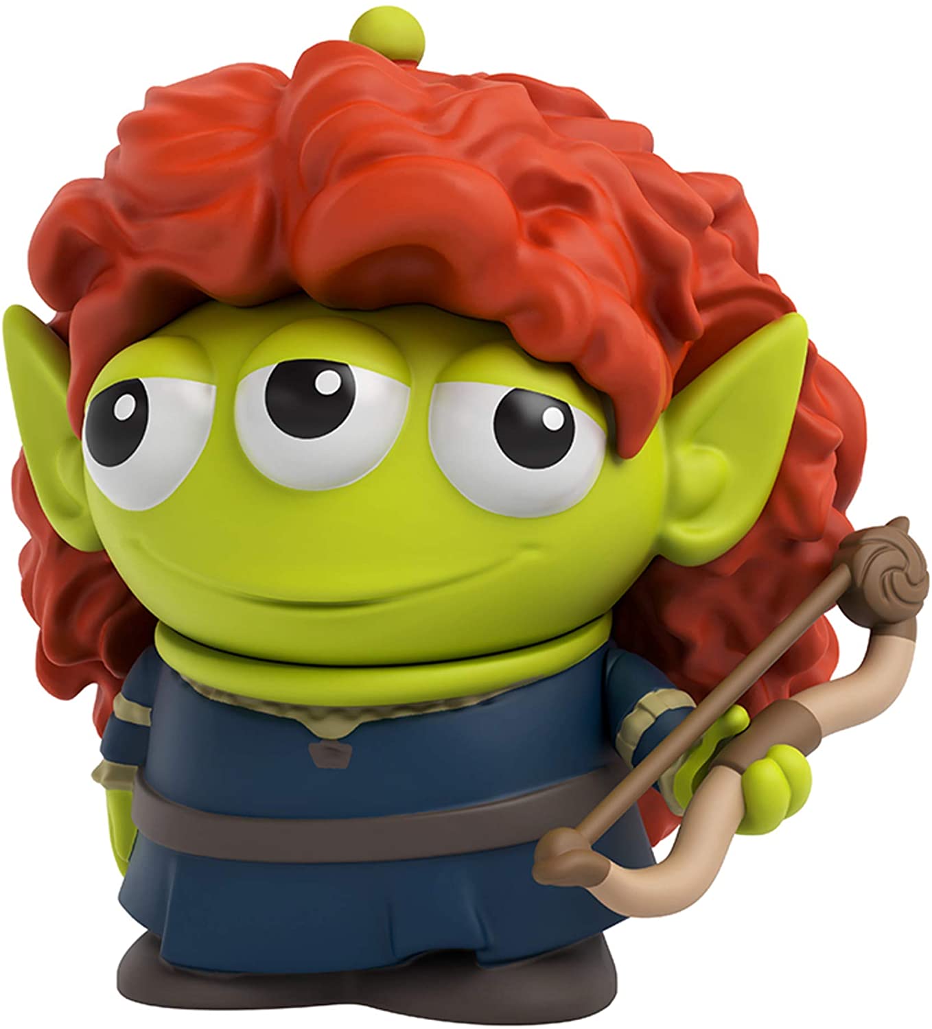 Angled right view of the Alien Remix Merida figure showing its pointy green ears, antenna, and bow accessory.