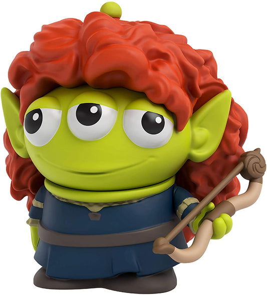 Angled right view of the Alien Remix Merida figure showing its pointy green ears, antenna, and bow accessory.