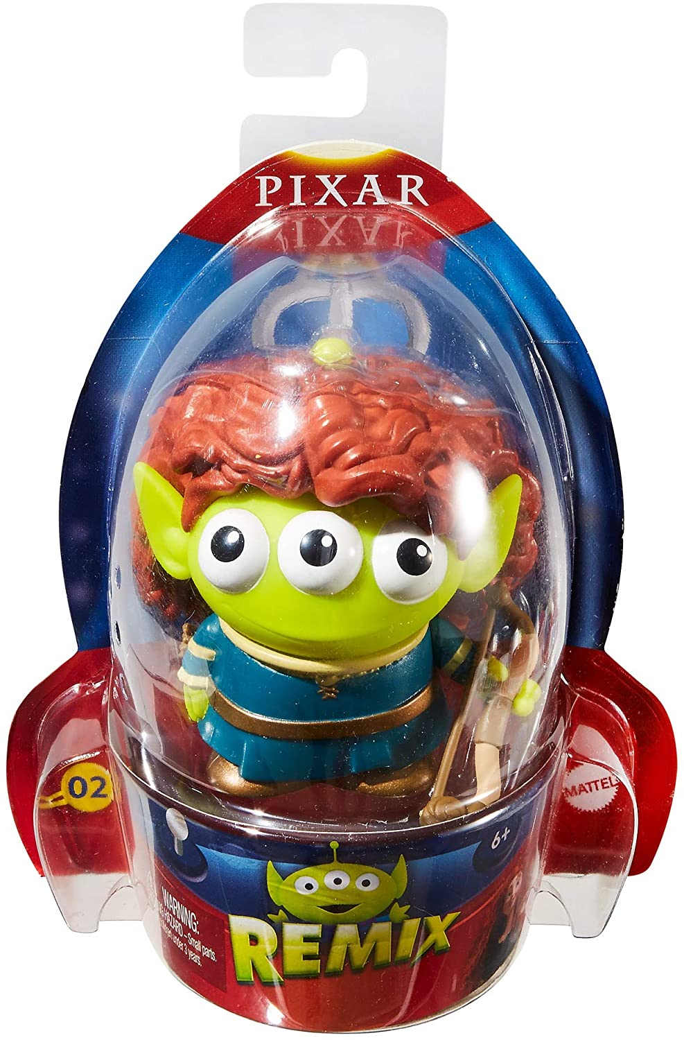 Packaged view of the Alien Remix Merida figure inside its official clear rocket-shaped display box.