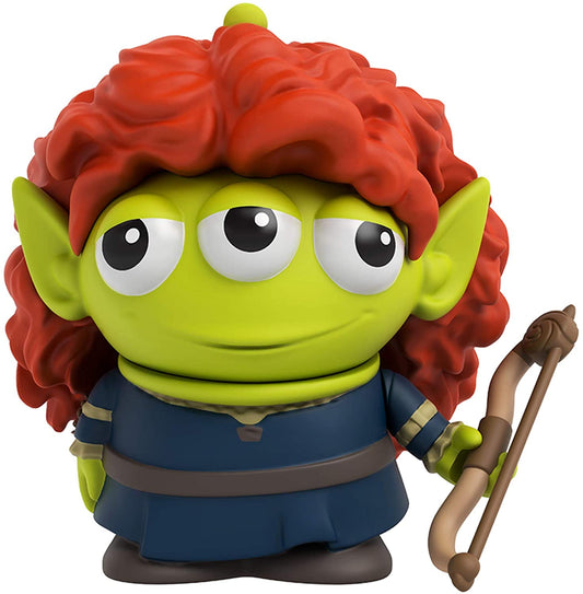 Front view of the Disney Pixar Alien Remix Merida 3-inch figure featuring a Toy Story Alien with wild curly red hair, a blue dress, and holding a bow.