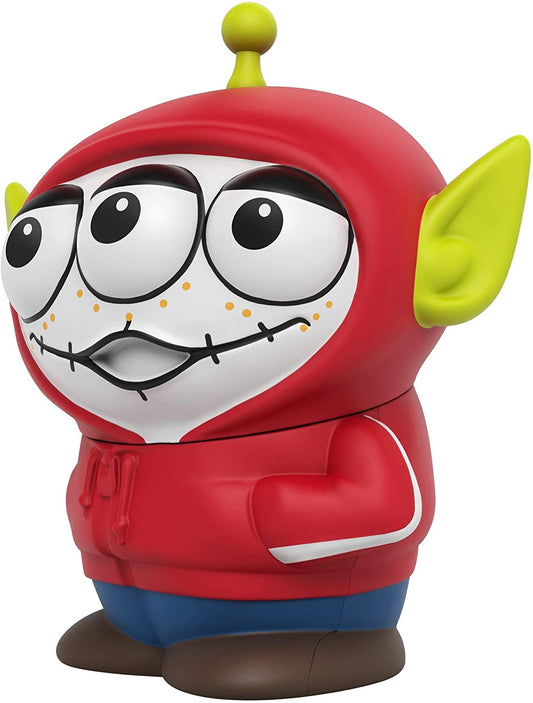 Angled right view of the Alien Remix Miguel figure showing its pointy green ears, antenna, and red hoodie with white stripes on the sleeves.
