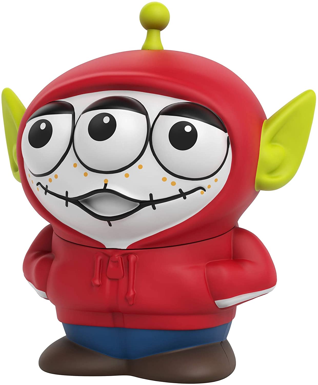 Front view of the Disney Pixar Alien Remix Coco Miguel 3-inch figure featuring a Toy Story Alien wearing a red hoodie and skeleton face paint.