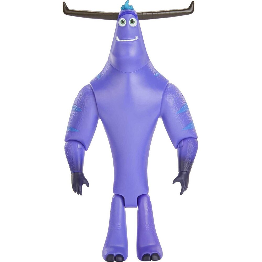 Front view of the Mattel Disney Pixar Monsters at Work Tylor Tuskmon action figure featuring a tall purple body, wide dark horns, and a small blue hair tuft.