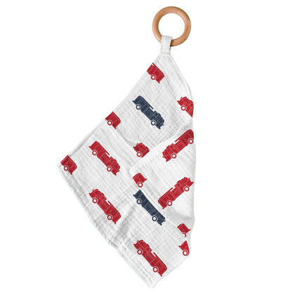 Newcastle Classics Blue and Red Fire Trucks 100% Cotton Blanket Teether