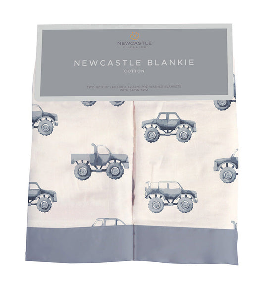 Newcastle Classics Indigo Monster Trucks 100% Soft Bamboo Muslin Cotton 2 Pack Blanket Set 16" X 16"