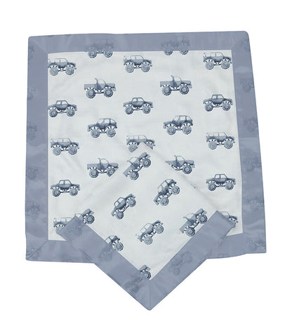 Newcastle Classics Indigo Monster Trucks 100% Soft Bamboo Muslin Cotton 2 Pack Blanket Set 16" X 16"