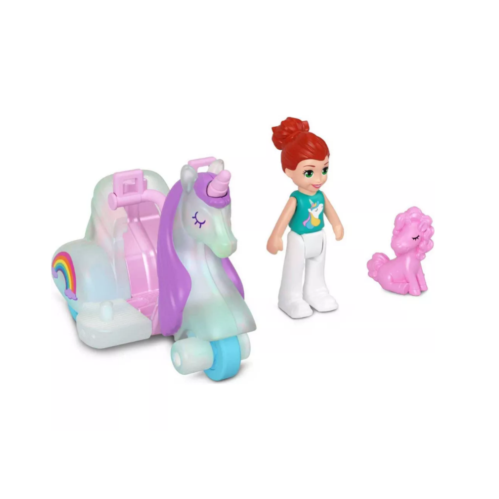 Polly Pocket Pollyville Micro Doll with Unicorn-Inspired Die-cast 3-Wheeler and Unicorn Mini Figure