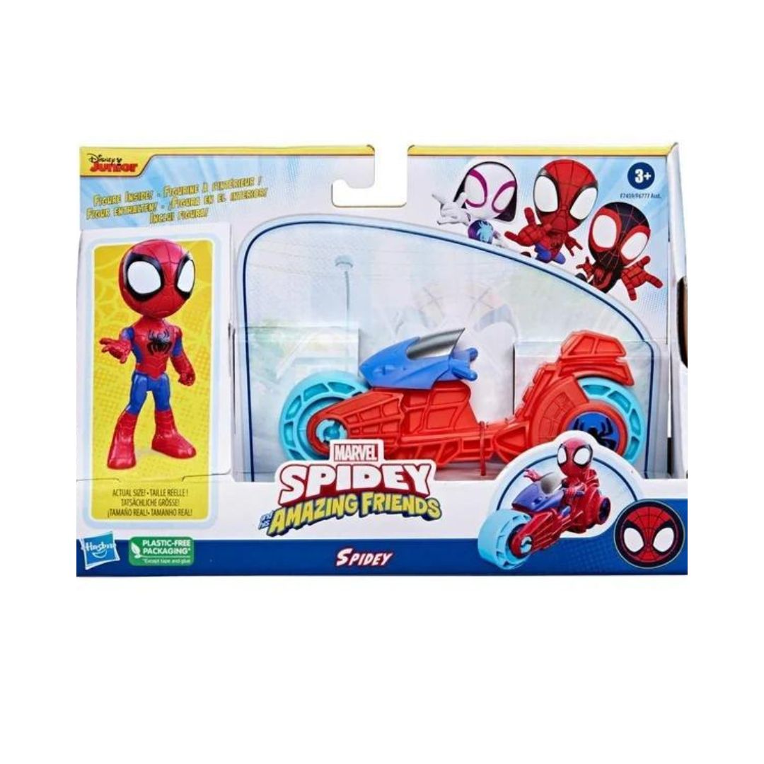 Marvel Spidey and His Amazing Friends, Spidey 4" Inch Action Figure & Toy Motorcycle