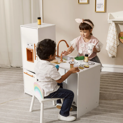 Little Chef Milano Two-Piece Modular Modern Delight Play Kitchen with Cooking Accessories, Faux Marble Finish, & Rose Gold Hardware, White