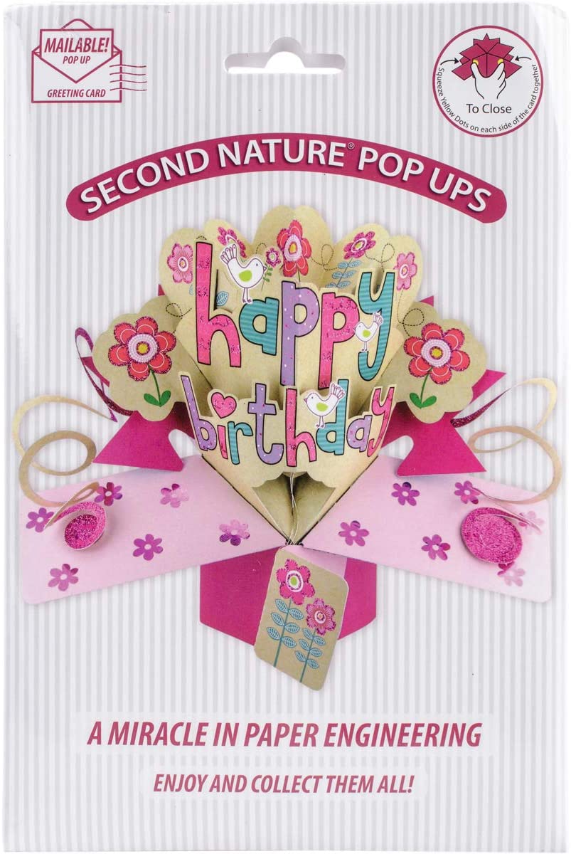 Second Nature Mailable Happy Birthday Pink Flowers Pop Up Greeting Card - POP086