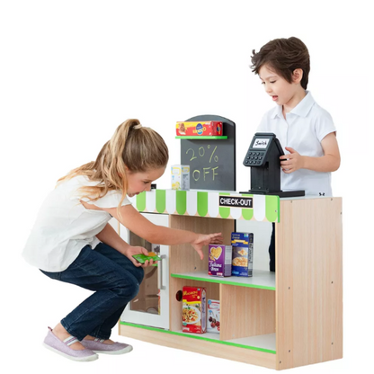 Teamson Kids Cashier Austin Play Market Checkout Counter with 26 Accessories, Green/Natural