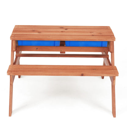 Teamson Kids Outdoor Wooden Picnic Table with 2 Sensory Bins for Sand/Water Play Plus Accessories, Warm Cherry