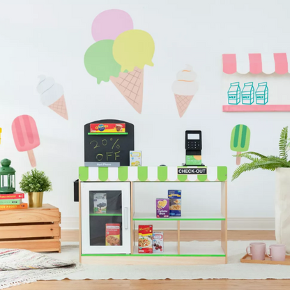 Teamson Kids Cashier Austin Play Market Checkout Counter with 26 Accessories, Green/Natural