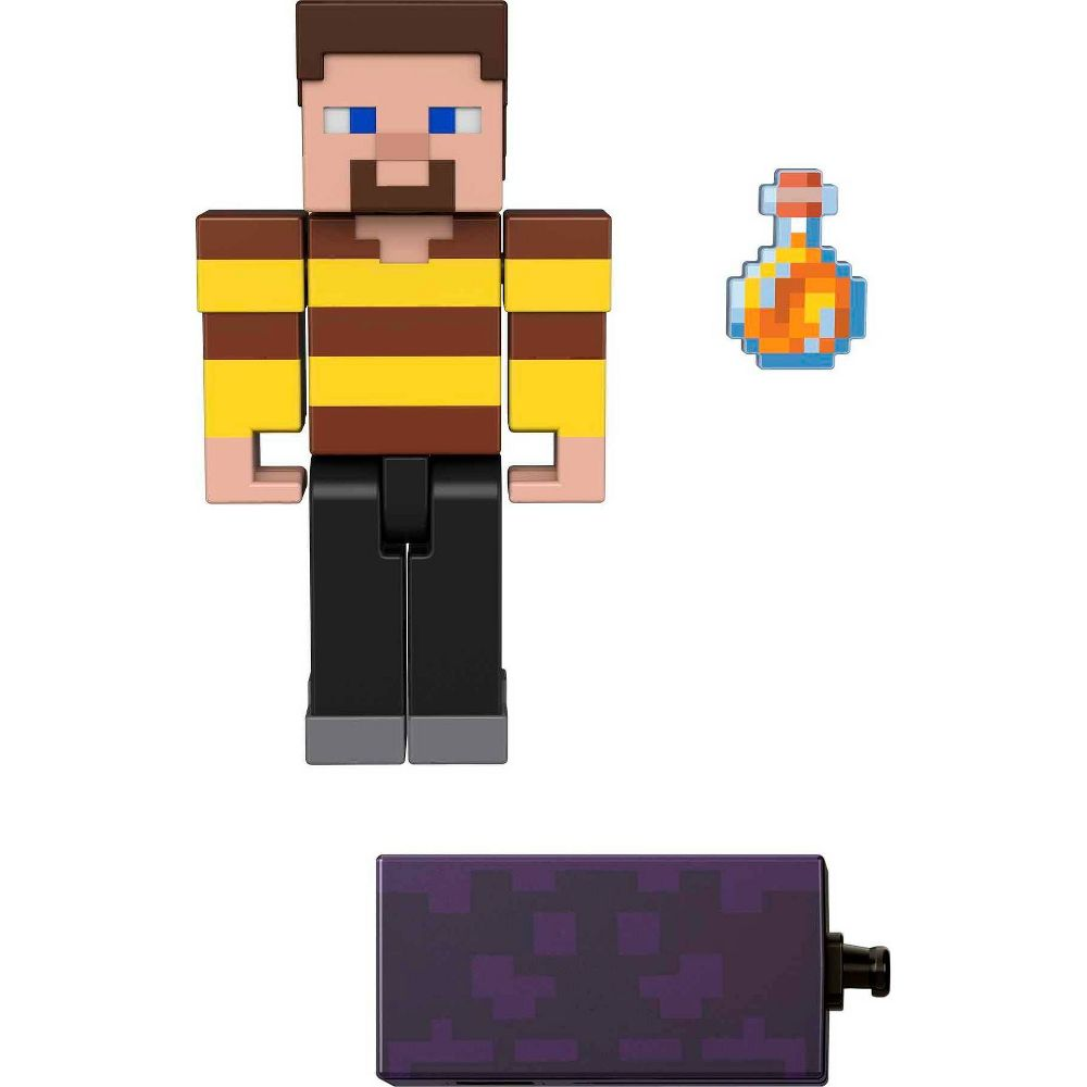 Minecraft Bees Shirt Steve Action Figure, 3.25-in, with 1 Build-a-Portal Piece & 1 Accessory Ages 6+