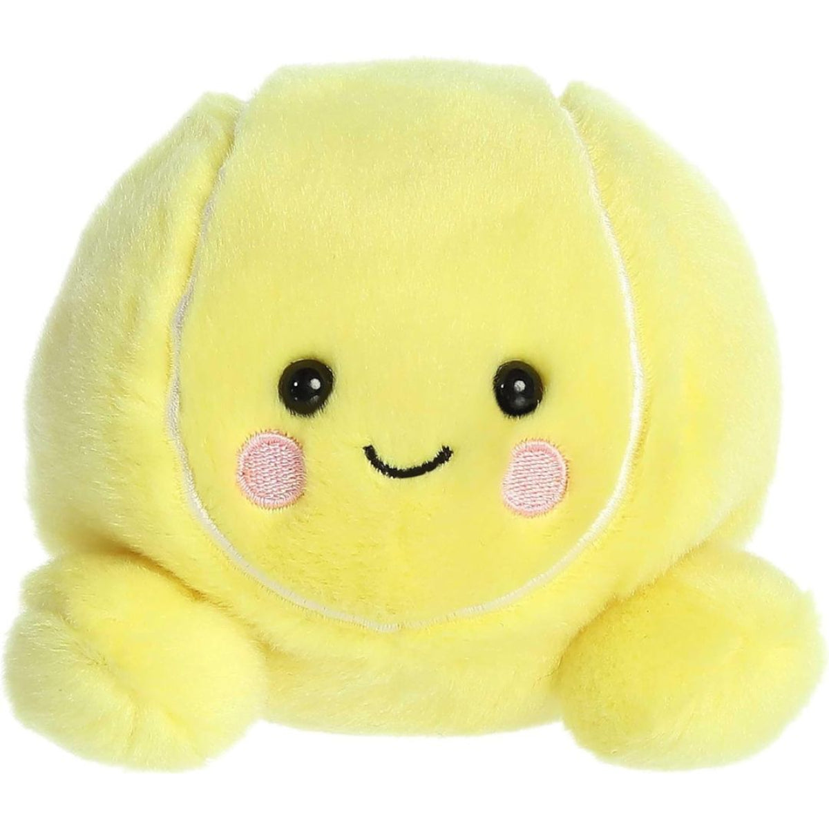 A yellow stuffed animal toy resembling a tennis ball with a smiling face, made from soft plush material, designed to fit in the palm of a hand.