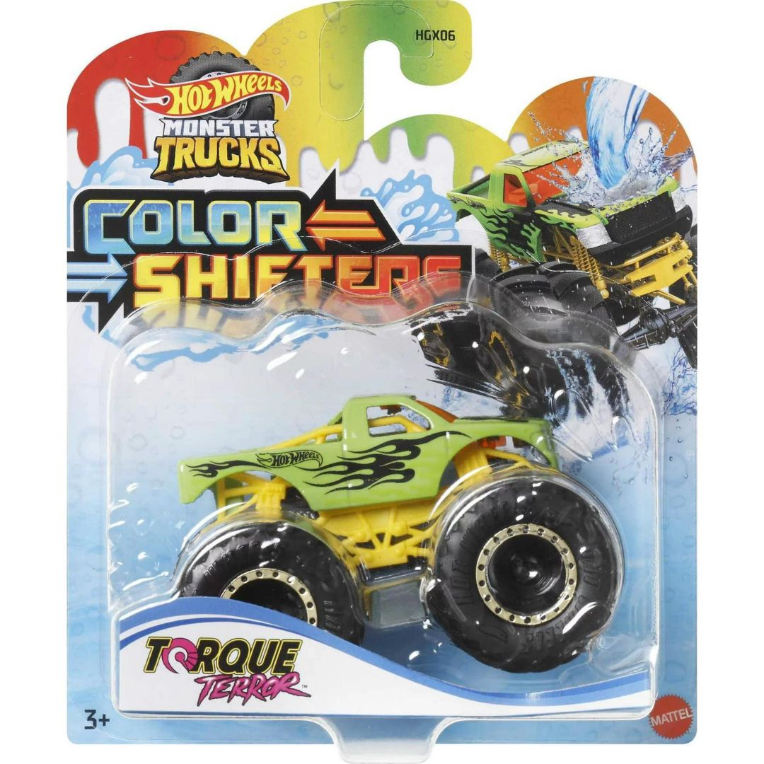 Hot Wheels Monster Trucks Color Shifters Torque Terror 1:64 Scale Toy Truck, Changes Color with Water