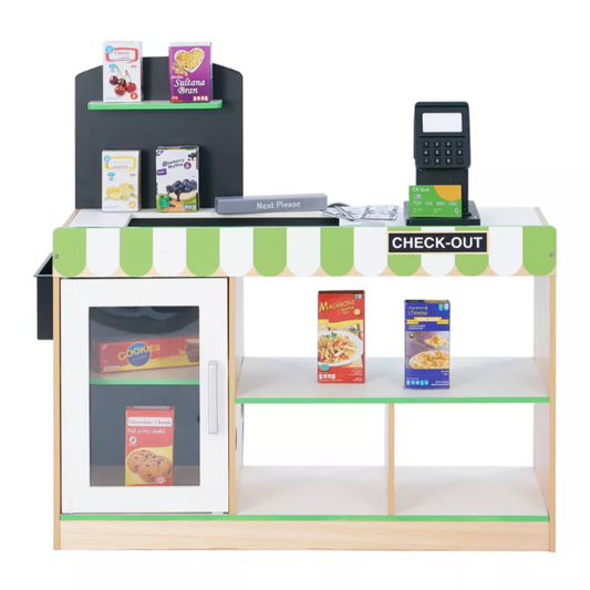 Teamson Kids Cashier Austin Play Market Checkout Counter with 26 Accessories, Green/Natural