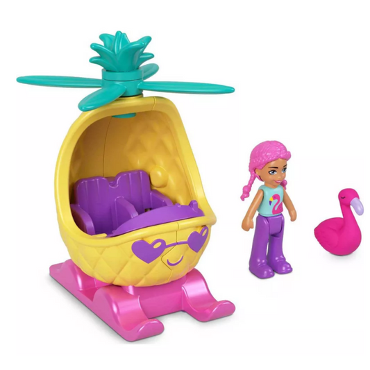 Polly Pocket Pollyville Micro Doll with Themed Toy Helicopter Car and Mini Flamingo Ages 4+