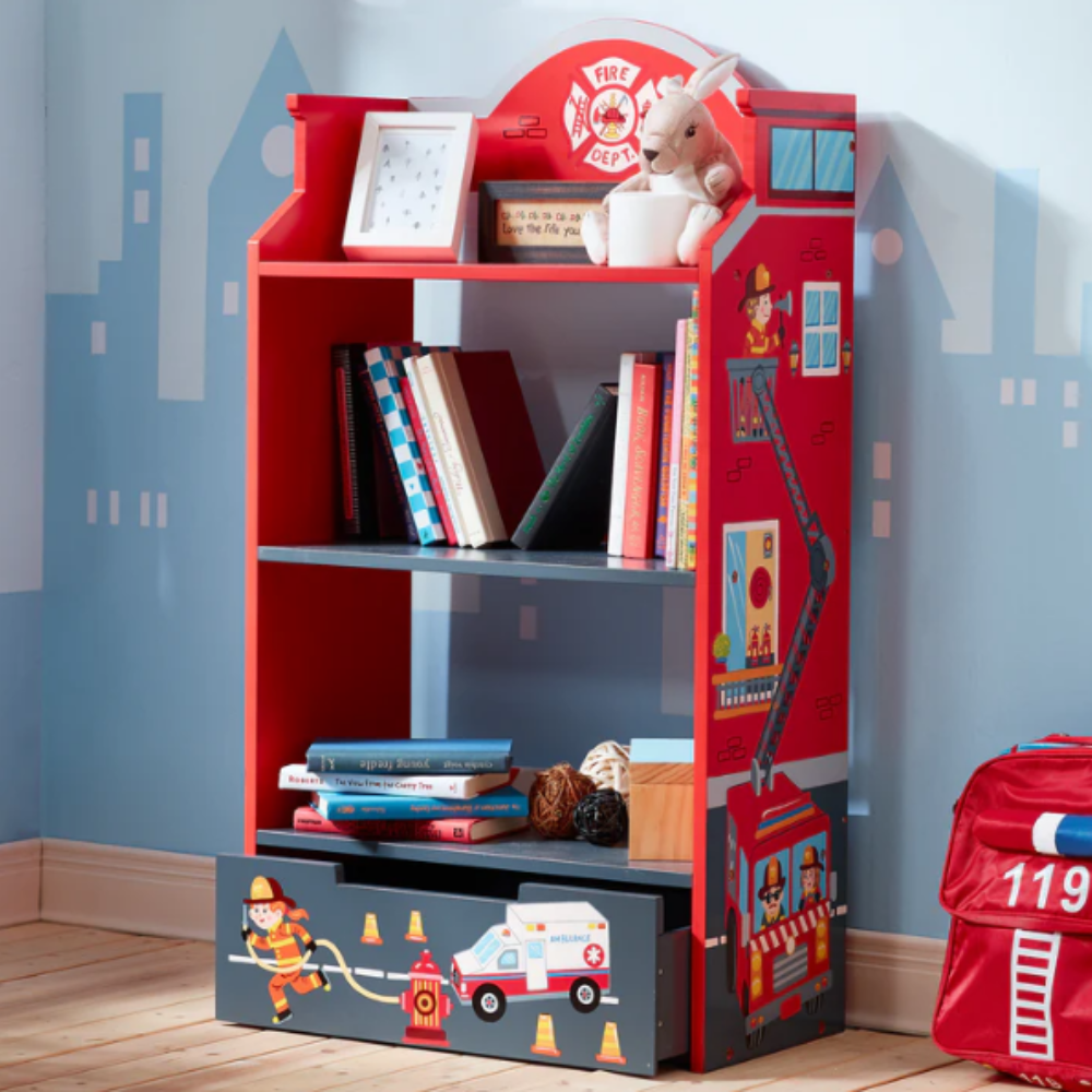 Teamson Kids Fantasy Fields Little Fire Fighters Bookshelf with Drawer, Red