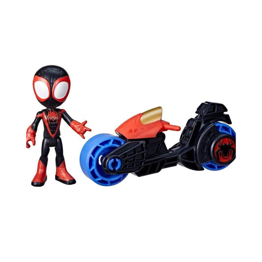 Marvel Spidey and His Amazing Friends 4-inch Miles Morales action figure standing next to black and red toy motorcycle with blue wheels.