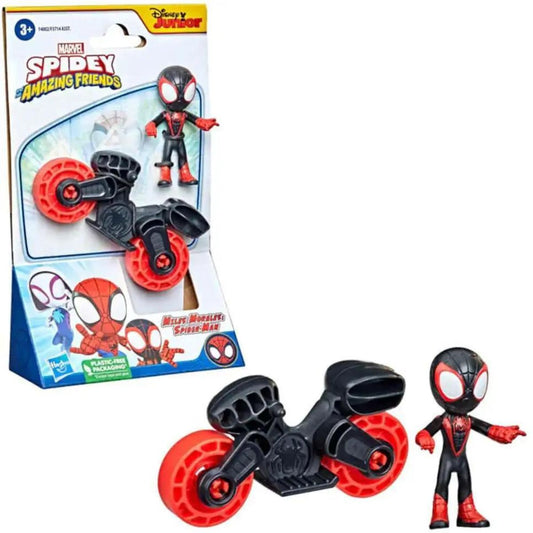 Marvel Spidey and His Amazing Friends Miles Morales vehicle set packaging card next to black toy motorcycle with red wheels and 2.5-inch figure.