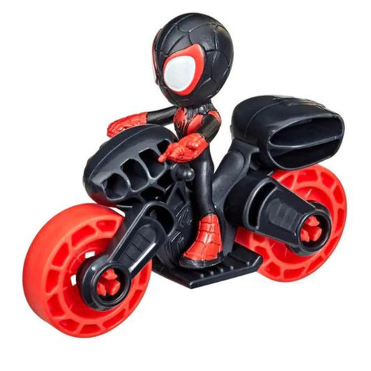 Side profile thumbnail showing Miles Morales 2.5-inch action figure seated on his black and red toy motorcycle.