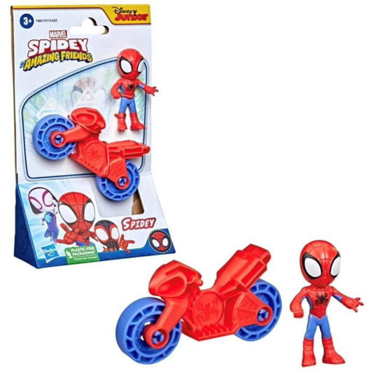 Marvel Spidey and His Amazing Friends Spidey vehicle set packaging card next to red toy motorcycle with blue wheels and 2.5-inch figure.