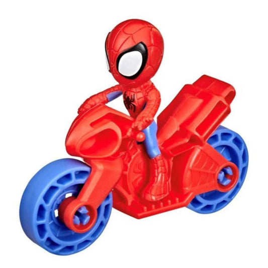 Side profile thumbnail showing Spidey 2.5-inch action figure seated on his red and blue toy motorcycle.