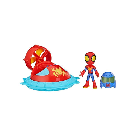 Layout thumbnail of red and blue hovercraft vehicle, Spidey action figure, and attachable blue helmet.